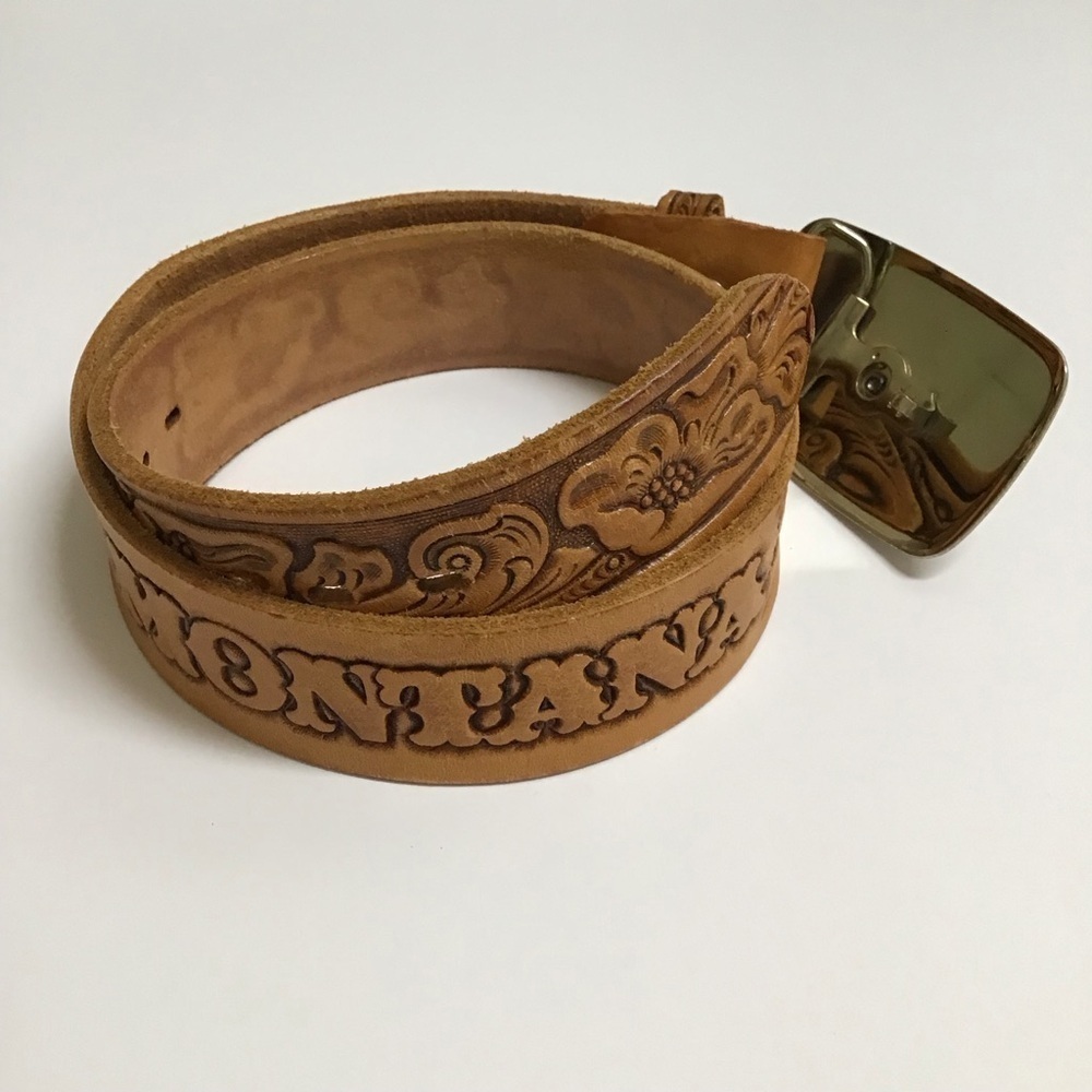 Montana Leather Belt SZ 28 Tooled Tan Western Wagon Buckle Kalispell MT Vintage - Picture 16 of 16